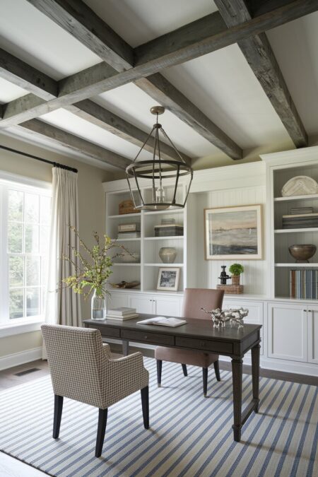 French country home office with exposed wood beams, white shelving, and a striped rug