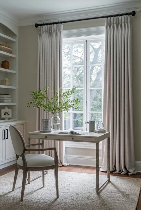 French country home office with linen curtains