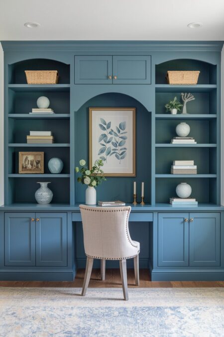 French country home office with provincial blue built-in shelving and desk