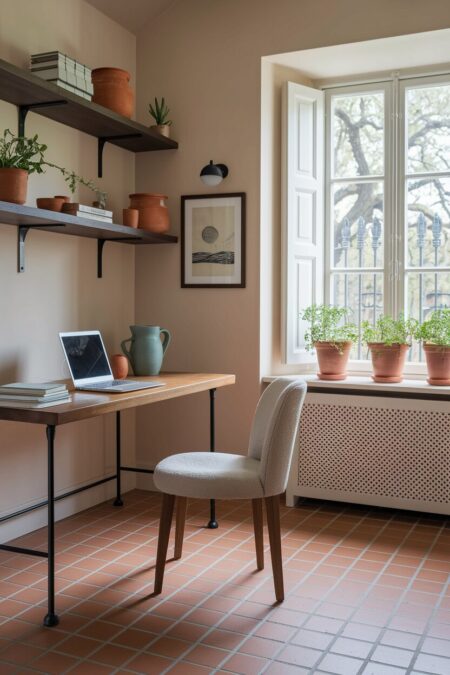 French country home office with terracotta tile flooring
