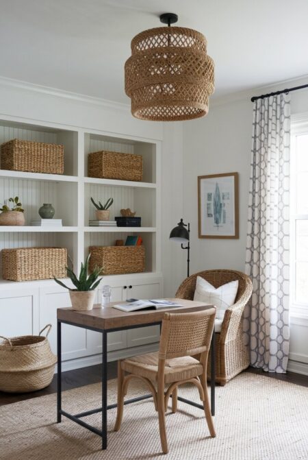 French country home office with woven storage baskets, wicker and rattan chairs