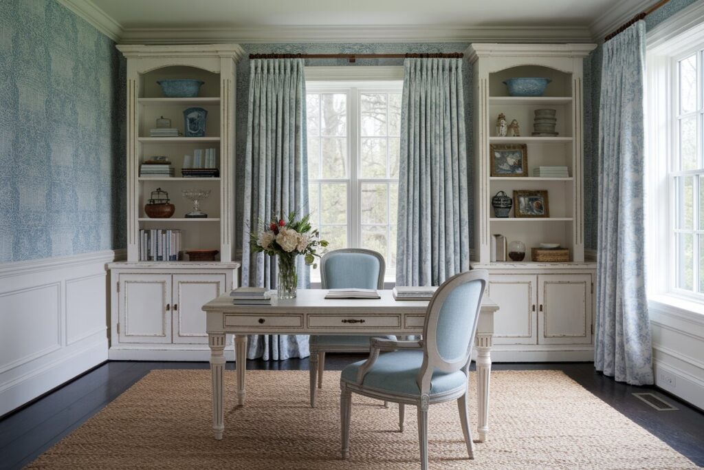 French country style home office with a blue wallpaper and cream distressed furniture