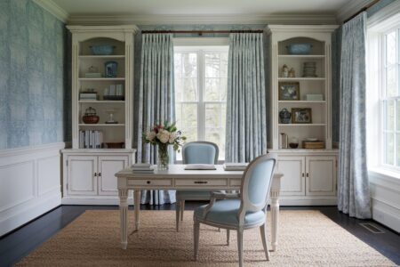 11 French Country Home Office Ideas with Old-World Charm French country style home office with a blue wallpaper and cream distressed furniture