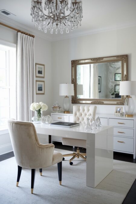 glamorous white home office with a white lacquered desk, crystal accessories, and an ornate framed mirror