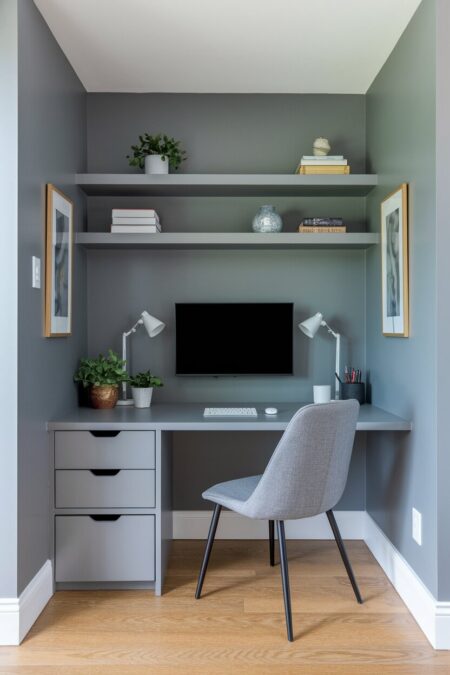 gray home office in a small nook with a wall-mounted monitor, built-in shelves and a desk with storage drawers