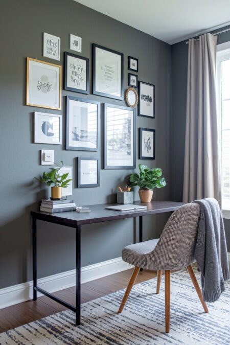 gray home office with a gallery wall