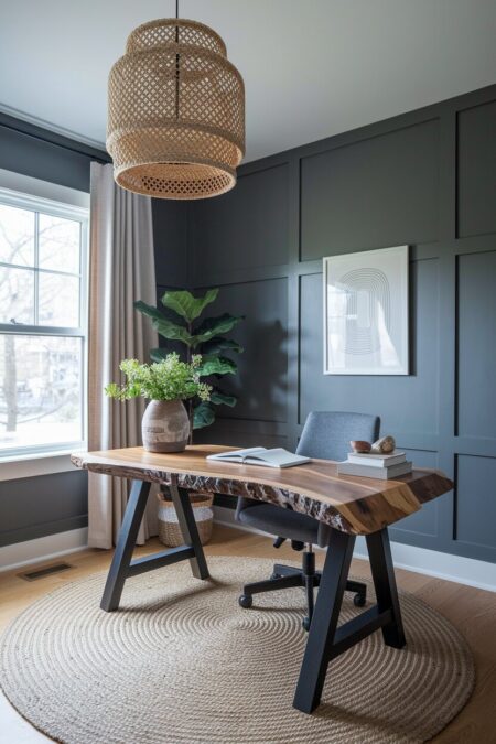 gray home office with a live-edge wood desk and a rattan pendant lamp