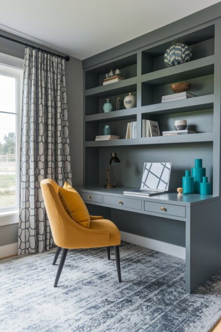 gray home office with a yellow chair and emerald green desk accessories