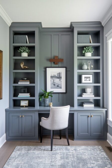 gray home office with built-in floor-to-ceiling shelving and desk