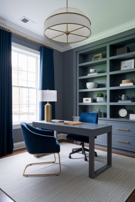gray home office with navy chairs and curtains, brass lamp base and drawer pulls