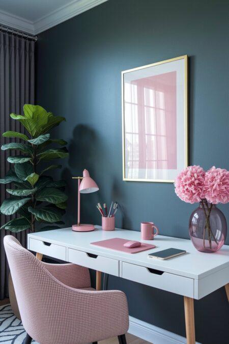 gray home office with pink accessories and a white desk