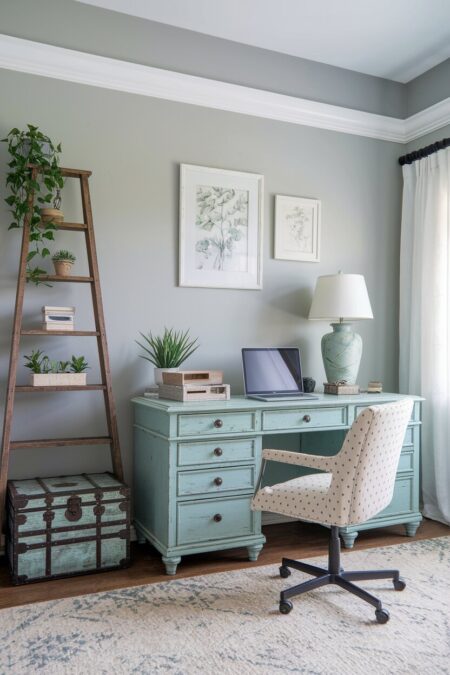 gray shabby chic home office with a painted desk and a vintage ladder used as shelving