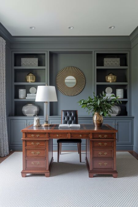 gray traditional home office with a wooden leather-top desk