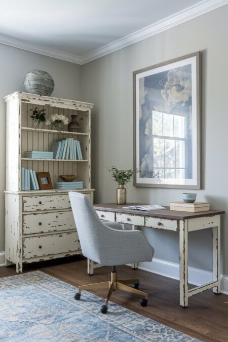 greige shabby chic home office with an old bookcase and desk with chipped paint