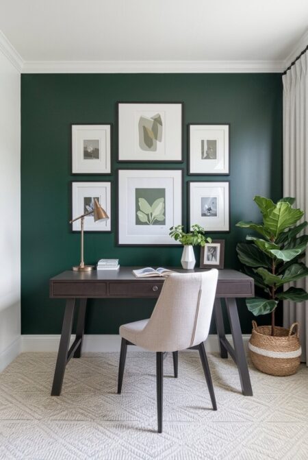 home office with a dark green accent wall with a gallery of framed prints and a dark desk