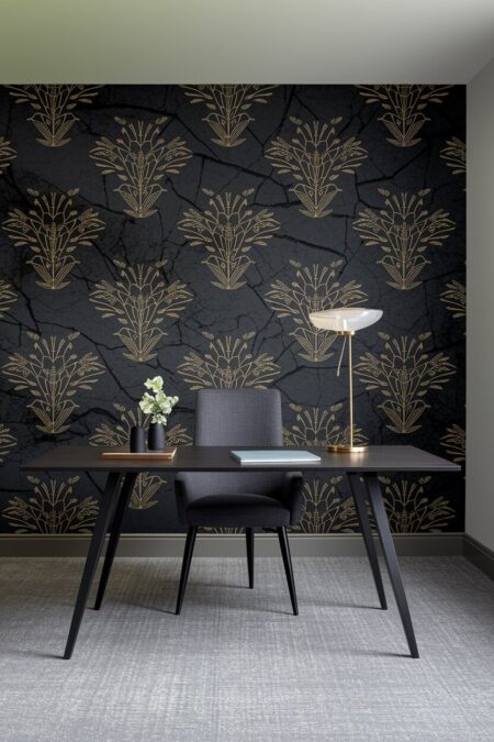 home office with a dark wallpaper on the feature wall behind the dark desk