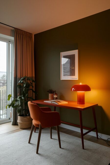 home office with a deep green wall and orange ceramic table lamp
