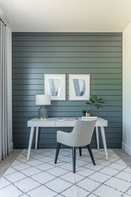 home office with a gray shiplap wall and a modern rug with grid pattern