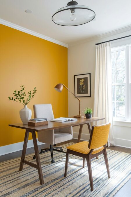 home office with a melted butter yellow accent wall, walnut desk, and a glass pendant light