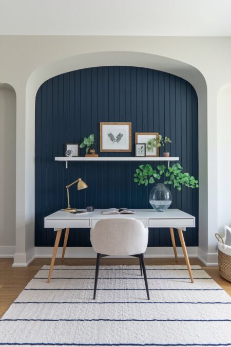 home office with a navy blue accent wall behind the white desk and a floating shelf