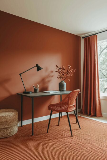 home office with a terracotta accent wall and a rust-colored area rug