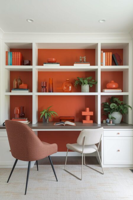 home office with white built-in shelving and deep orange back panel