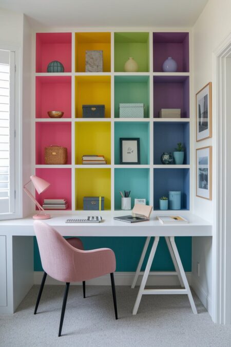 home office with a white desk and colorful wall of cubbies above