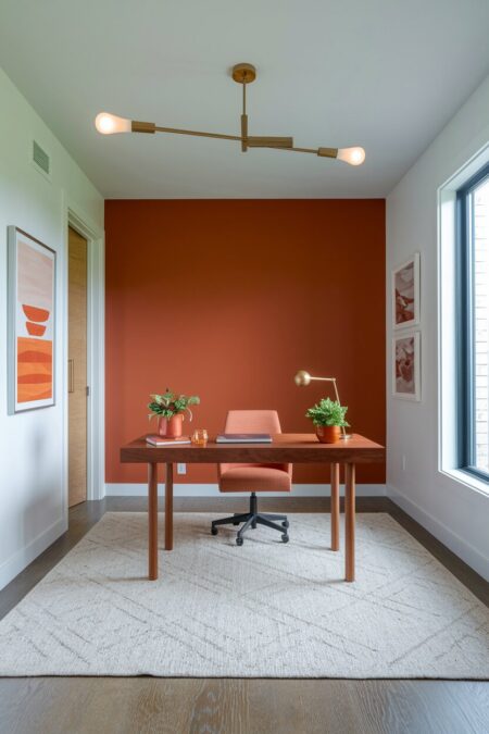 home office with an orange accent wall and a wooden desk