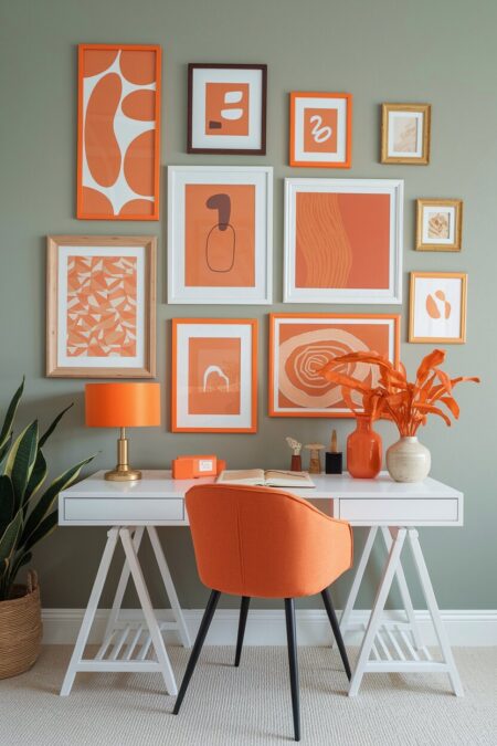 home office with an orange gallery wall