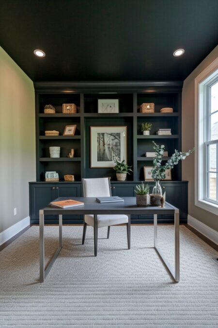 home office with black ceiling, recessed lighting, built-in shelving, and greige walls