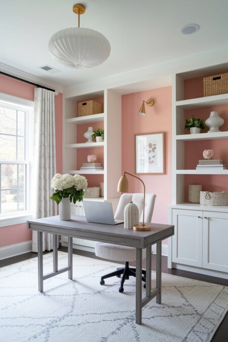 home office with blush pink walls and white built-in shelving
