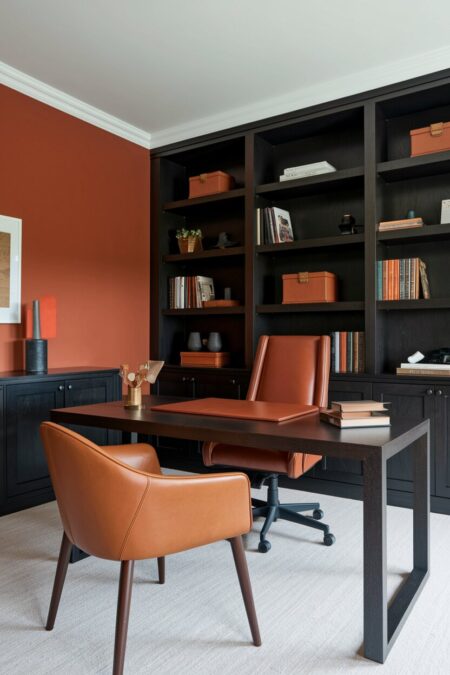 home office with burnt orange walls and dark wood furniture, leather chairs