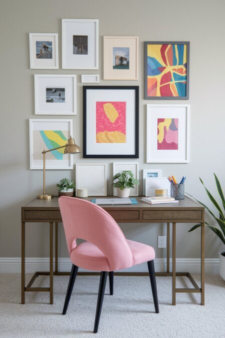home office with a colorful gallery wall and a pink velvet chair