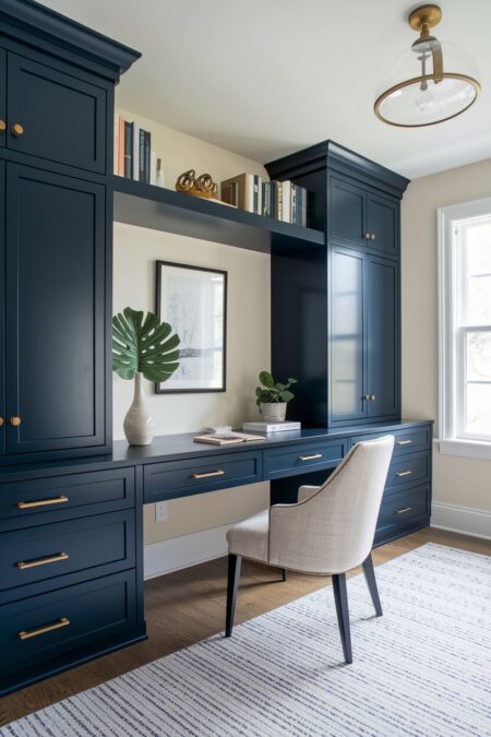home office with cream walls and navy blue cabinetry with gold hardware
