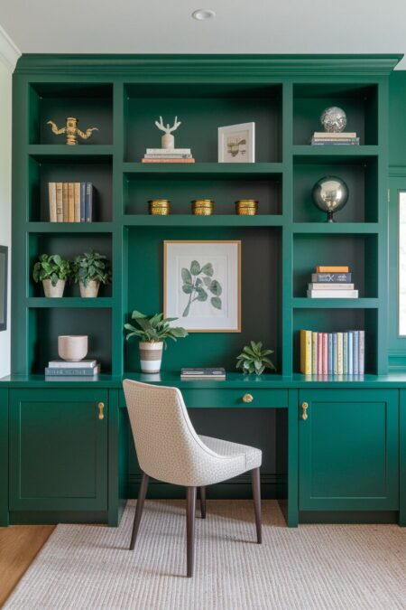 home office with emerald green built-in shelving and desk with brass hardware
