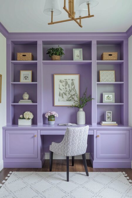 home office with lavender built-in shelving
