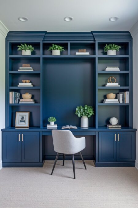 home office with navy blue built-in bookshelves