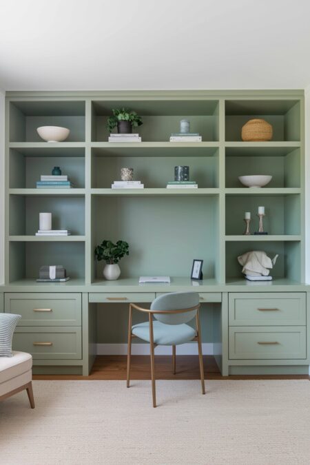 home office with sage green built-in shelving and cabinetry