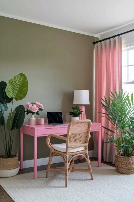 home office with sage green walls, a pink desk and curtains, a rattan chair