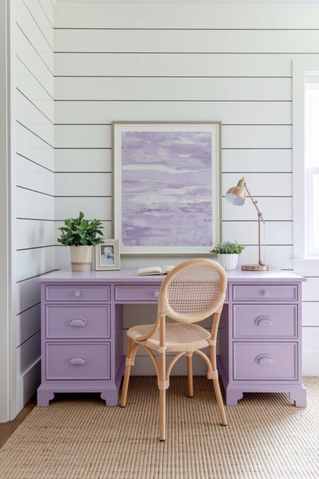 home office with white shiplap walls, a vintage lavender-painted desk, and a cane back chair