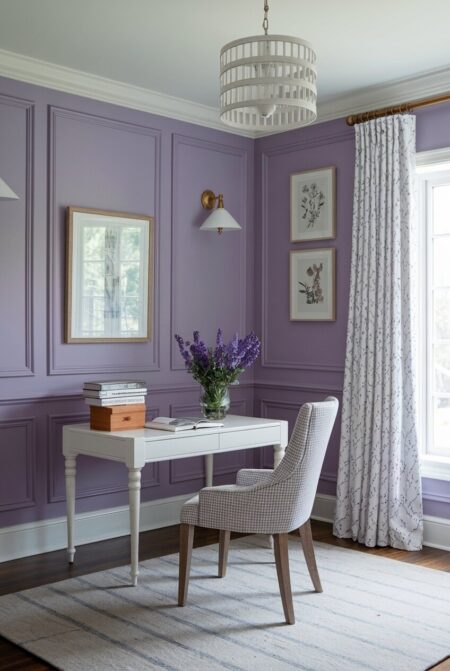 lavender French country home office with wall moldings and a white desk