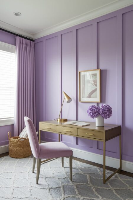 lavender home office with a brass desk lamp and drawer pulls