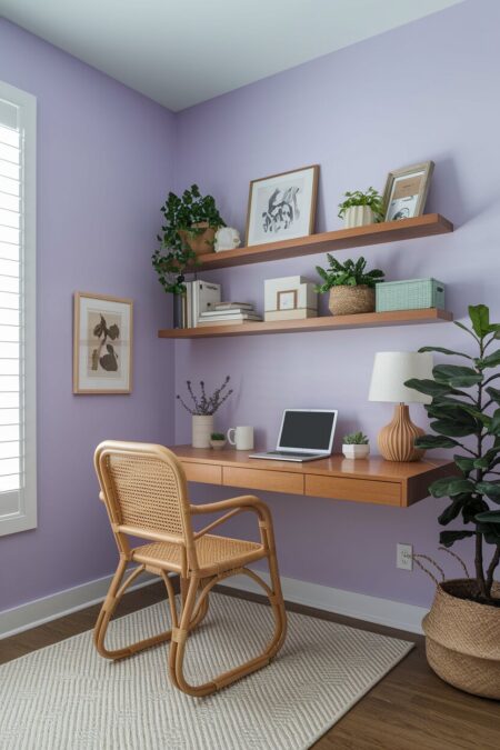 lavender home office with a wood floating desk and shelves, a rattan chair