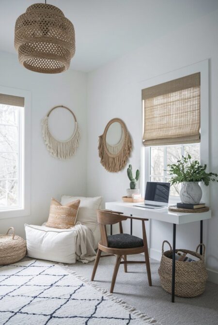 light boho home office with a soft floor chair in the corner