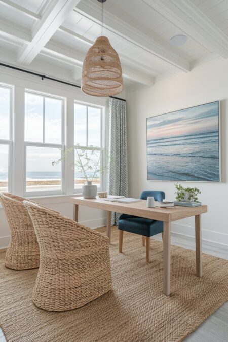 light coastal home office with a jute rug, rattan chairs, a light wood desk, and a dark blue chair