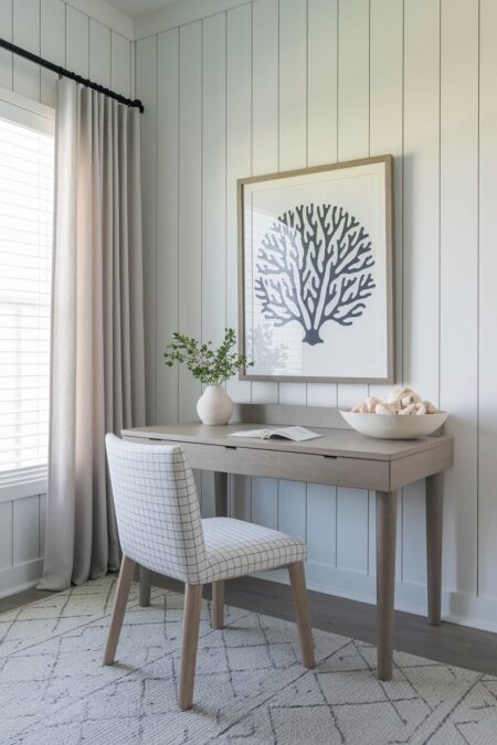 light coastal home office with vertical shiplap and a framed coral wall art