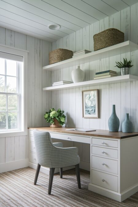 light coastal home office with whitewashed wood wall paneling