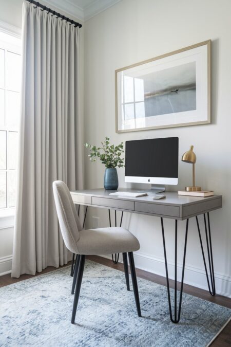 light contemporary home office with a minimalist desk on hairpin legs