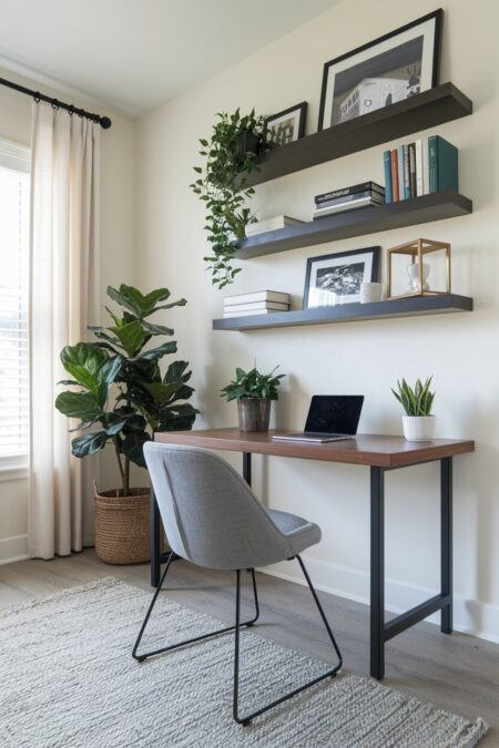 light contemporary home office with black floating shelves