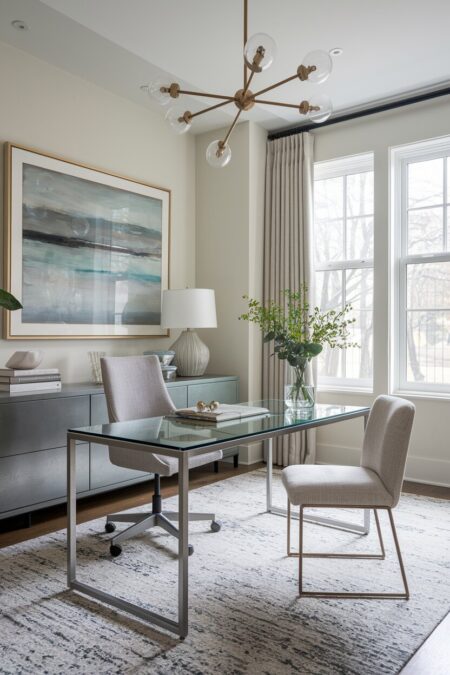 light contemporary home office with a glass-top desk on a slim steel frame